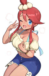 1girl bikini bikini_under_clothes bikini_under_shorts blue_bikini blue_eyes blue_shorts blush breasts cleavage collarbone crop_top denim denim_shorts gonzarez hair_between_eyes hair_ornament highres large_breasts midriff navel nintendo off-shoulder_shirt off_shoulder official_alternate_costume one_eye_closed one_side_up open_mouth pokemon pokemon_masters_ex red_hair shirt shorts sidelocks simple_background skyla_(pokemon) skyla_(summer_2025)_(pokemon) smile solo sweat sweatdrop swimsuit white_background