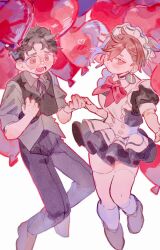 10matomat0 1boy 1girl apron ayase_momo balloon black_choker black_dress black_hair black_vest blush bow bowtie brown_eyes brown_hair choker closed_mouth commentary_request couple dandadan dress earrings glasses grey_shirt heart heart_balloon highres holding_hands jewelry maid maid_apron maid_headdress official_alternate_costume open_mouth pants puffy_short_sleeves puffy_sleeves red_bow red_bowtie round_eyewear shirt shoes short_sleeves sweat takakura_ken_(dandadan) thighhighs vest white_thighhighs