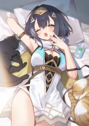 Rule 34 | 1girl, adelie cat, amber (stella sora), arm up, armpits, bed sheet, black cat, black hair, blush, breasts, cat, cellphone, cleavage, commentary request, dress, fang, flip phone, gold headband, hair between eyes, highres, large breasts, lying, on back, on bed, open mouth, pelvic curtain, phone, short hair, skin fang, solo, stella sora, thighs, underbust, white dress, yawning, yellow eyes
