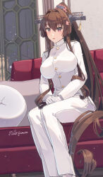 Rule 34 | 1girl, absurdres, alternate costume, artist name, breasts, brown hair, commentary request, couch, gloves, headgear, highres, himeyamato, indoors, jacket, kantai collection, large breasts, long hair, long sleeves, looking at viewer, military uniform, paid reward available, pants, parted lips, pillow, red eyes, sitting, solo, very long hair, white gloves, white jacket, white pants, yamato (kancolle), yamato kai ni (kancolle)