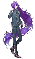 Rule 34 | 1boy, absurdly long hair, absurdres, antenna hair, arm at side, belt, belt buckle, black belt, black eyes, black gloves, black necktie, blazer, blue jacket, blue pants, brown shoes, buckle, butterfly brooch, butterfly hair ornament, empty eyes, eyeshadow, eyeshadow under eye, fuji den fujiko, full body, gloves, hair behind ear, hair ornament, hair over one eye, half-closed eyes, half gloves, hand on own chin, highres, jacket, lapel pin, lapels, long hair, long sleeves, looking at viewer, makeup, male focus, mekakare, necktie, notched lapels, official art, one eye covered, oxfords, pants, parted lips, purple eyeshadow, purple hair, purple socks, school uniform, shirt, shoes, simple background, smirk, socks, solo, standing, tachi-e, tsumuribe kiriwo, turtleneck, turtleneck shirt, very long hair, white background, white shirt
