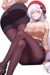1girl aran_sweater arms_behind_back ass azur_lane bare_shoulders belfast_(azur_lane) belfast_(shopping_with_the_head_maid)_(azur_lane) beret black_choker black_skirt blush breasts brown_pantyhose brown_sweater cable_knit choker cleavage collarbone crossed_legs earrings food food_in_mouth hat high_heels highres hoop_earrings jewelry large_breasts legs long_hair long_sleeves looking_at_viewer low-tied_long_hair miniskirt mouth_hold multiple_views off-shoulder_sweater off_shoulder official_alternate_costume pantyhose pencil_skirt pocky pocky_kiss purple_eyes raygun19 shared_food simple_background sitting skirt sweater thighs very_long_hair white_background white_hair