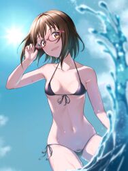 1girl adjusting_eyewear bikini black_bikini blue_sky blurry blurry_foreground breasts brown_hair collarbone female_pubic_hair front-tie_bikini_top front-tie_top glasses hand_on_eyewear highres idolmaster idolmaster_cinderella_girls ka_(reonkat) kamijo_haruna looking_at_viewer micro_bikini navel pubic_hair pubic_hair_peek red-framed_eyewear side-tie_bikini_bottom sky small_breasts smile solo splashing string_bikini sun sunlight swimsuit water_drop