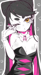 Rule 34 | 1girl, black hair, bow-shaped hair, breasts, callie (splatoon), callie (squid sisters outfit) (splatoon), cleavage, colored inner hair, commentary request, detached collar, dress, eyelashes, gloves, grey background, highres, humanization, large breasts, limited palette, long hair, mole, mole under eye, mugyiiiii ika, multicolored hair, nintendo, one eye closed, outline, pink hair, solo, splatoon (series), standing, strapless, strapless dress, two-tone hair, white gloves, white outline, yellow eyes