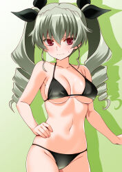 1girl anchovy_(girls_und_panzer) armpit_crease bikini black_bikini breasts collarbone commission cowboy_shot drill_hair engo_(aquawatery) girls_und_panzer green_background green_hair groin hair_ribbon highres long_hair medium_breasts navel pixiv_commission red_eyes ribbon sidelocks solo stomach sweatdrop swimsuit twin_drills v-shaped_eyebrows very_long_hair