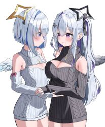 2girls a_a_(sfpz3443) alternate_costume amane_kanata amane_konata angel angel_wings black_bow blush bow breasts cable_knit cleavage cleavage_cutout clothing_cutout diamond_hair_ornament hair_bow halo hololive large_breasts long_hair looking_at_another meme_attire multiple_girls purple_eyes short_hair siblings sisters small_breasts star_halo sweater turtleneck turtleneck_sweater twins very_long_hair virgin_killer_sweater virtual_youtuber white_sweater wings