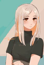 Rule 34 | 1girl, absurdres, black shirt, blonde hair, brown eyes, fingernails, highres, koucha (pankeki koucha), long hair, looking to the side, original, parted bangs, parted lips, shirt, short sleeves, solo, straight hair, turtleneck, turtleneck shirt, two-tone background, upper body