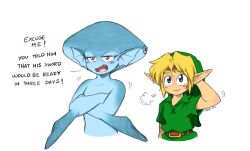 1boy 1girl artist_name belt belt_buckle blonde_hair brown_belt buckle child closed_mouth commentary cropped_torso crossed_arms english_commentary english_text fangs fins fish_girl green_hat green_tunic hat head_fins highres link nintendo open_mouth pointy_ears princess_ruto puff_of_air purple_hair scratching_head short_sleeves simple_background smile superiordutchsauce the_legend_of_zelda the_legend_of_zelda:_ocarina_of_time tunic white_background young_link zora