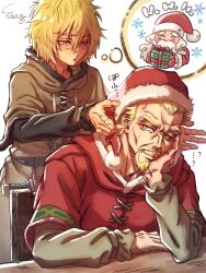 3boys askeladd black_shirt blonde_hair blue_eyes brown_capelet brown_eyes capelet child facial_hair fur-trimmed_capelet fur-trimmed_headwear fur_trim furrowed_brow gift goatee hair_between_eyes hat head_on_hand highres holding holding_gift light_blush male_focus mature_male multiple_boys santa_claus santa_costume santa_hat shirt shirube_akashi short_hair sweatdrop thorfinn vinland_saga white_background white_hair