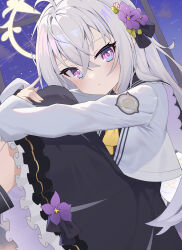 1girl :&lt; absurdres ahoge angel_wings azusa_(blue_archive) black_bow black_dress black_sailor_collar blue_archive blue_eyes bow closed_mouth commentary cropped_jacket crossed_bangs dress feathered_wings flower gradient_eyes grey_hair hair_bow hair_flower hair_ornament halo highres hugging_own_legs jacket knees_up legs_together long_hair long_sleeves looking_at_viewer low_wings multicolored_eyes neckerchief open_clothes open_jacket petticoat pu_ht purple_eyes sailor_collar sitting solo very_long_hair white_jacket white_wings wing_decorations wings yellow_neckerchief