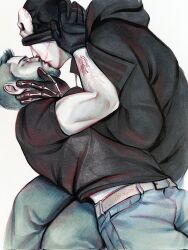 Rule 34 | 2boys, arm hair, arm tattoo, arms up, beard, belt, black gloves, black shirt, blue pants, blush, call of duty, call of duty: modern warfare 2, cellofun, closed eyes, commentary, couple, denim, english commentary, facial hair, feet out of frame, ghost (modern warfare 2), gloves, hands on another&#039;s face, highres, hood, hood down, hoodie, jeans, kiss, male focus, mask lift, mohawk, multiple boys, pants, scar, scar on face, shirt, short hair, simple background, skeleton print, soap (modern warfare 2), t-shirt, tattoo, white background, white belt, yaoi