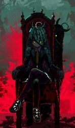 2girls absurdres ahoge animal_ears black_coat black_gloves black_shirt black_shoes black_skirt chair closed_mouth coat collared_shirt contrast_collar crossed_legs ear_ornament ear_tag earrings frown gloves grey_hair hair_between_eyes highres horse_ears horse_girl jewelry long_bangs long_hair_between_eyes long_sleeves looking_at_viewer manhattan_cafe_(umamusume) multicolored_hair multiple_girls necktie open_clothes open_coat shirt shoes single_earring sitting skirt sunday_silence_(racehorse) thefatum umamusume white_shirt white_trim yellow_eyes yellow_necktie