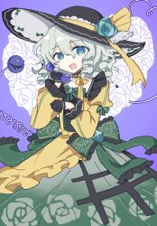 1girl :d adapted_costume aqua_flower aqua_rose back_bow black_gloves black_hat bow bowtie chinese_commentary collarbone commentary_request corded_phone cowboy_shot cross-laced_clothes cross-laced_dress diamond_brooch dress floral_print flower frilled_ribbon frilled_sleeves frills gloves green_bow green_bowtie green_dress green_eyes hair_between_eyes hat hat_flower hat_ribbon heart heart_background heart_of_string highres holding holding_phone jewelry koishi_day komeiji_koishi long_sleeves looking_at_viewer open_mouth phone print_dress purple_background ribbon ring ringlets rose rose_print smile solo third_eye touhou two-tone_dress wusem0108 yellow_dress yellow_ribbon