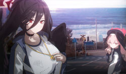 absurdres black_hair black_hat black_wings blue_archive blue_jacket blush breasts feathered_wings hair_between_eyes hasumi_(blue_archive) hasumi_(track)_(blue_archive) hat hayate_(1034853996) head_wings highres jacket koharu_(blue_archive) large_breasts long_bangs long_hair looking_at_viewer ocean official_alternate_costume official_alternate_hairstyle pink_eyes pink_hair ponytail red_eyes scenery shirt sidelocks white_shirt wings