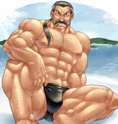 Rule 34 | 1boy, abs, akuann, arm on knee, bara, beach, black hair, black male swimwear, blue eyes, broad shoulders, bulge, chrono cross, cigarette, facial hair, fargo (chrono cross), island, looking at viewer, low ponytail, male focus, male swimwear, muscular, muscular male, mustache, nipples, pectorals, ponytail, sitting, solo, sparse arm hair, sparse chest hair, sparse leg hair, swim briefs, water, wet