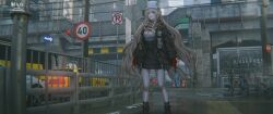 1girl absurdres animal_ears arknights bicycle brown_hair car ceobe_(arknights) ceobe_(unfettered)_(arknights) cloud cloudy_sky ford_crown_victoria ford_crown_victoria_(2nd_generation) higgs1750_(phaesr) highres looking_at_viewer motor_vehicle no_parking_sign official_alternate_costume open_mouth red_eyes road_sign sign sky standing