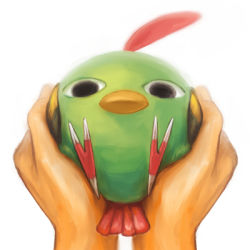 bird black_eyes creatures_(company) game_freak gen_2_pokemon holding inumura_(inu_noya) looking_at_viewer lowres natu nintendo pokemon pokemon_(creature) pov pov_hands simple_background white_background