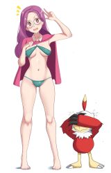 1girl beak bikini bird breasts brown_eyes brown_feathers clothes_lift covering_own_eyes digimon digimon_adventure_02:_the_beginning feathers full_body green_bikini hawkmon highres inoue_miyako long_hair medium_breasts navel pabsmikan pink_shirt purple_hair shirt shirt_lift simple_background solo_focus standing swimsuit talons w white_background
