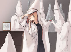 1girl bad_id bad_pixiv_id brown_hair closed_mouth finger_to_mouth girls&#039;_frontline green_eyes grey_background ku_klux_klan long_hair long_sleeves looking_at_viewer robe ryuu9610 shushing smile solo_focus springfield_(girls&#039;_frontline) white_robe