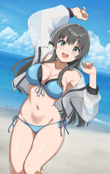 Rule 34 | :d, arms up, beach, bikini, black hair, blue bikini, blue sky, breasts, commentary request, flower, front-tie bikini top, front-tie top, hair flower, hair ornament, highres, infinite moppy, jacket, large breasts, long hair, navel, open clothes, open jacket, open mouth, outdoors, saten ruiko, side-tie bikini bottom, sky, smile, swimsuit, teeth, toaru kagaku no railgun, toaru majutsu no index, upper teeth only, white jacket