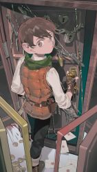 1boy absurdres back belt black_pants blood brown_belt brown_gloves brown_hair brown_shoes chilchuck_tims closed_mouth dungeon_meshi fingerless_gloves gloves highres lock looking_at_viewer looking_back male_focus omurice_(304975636) orange_vest pants pouch shirt shoes short_hair solo vest white_shirt