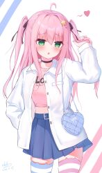 Rule 34 | 1girl, 2025, :o, absurdres, ahoge, asymmetrical legwear, bag, black choker, black ribbon, blue skirt, blush, buttons, casual, choker, clothes writing, collared jacket, commentary, cowboy shot, dated, english text, eyes visible through hair, fidgeting, furrowed brow, glint, green eyes, hair between eyes, hair intakes, hair ornament, hair ribbon, hand on own hip, hand up, handbag, heart, heart-shaped bag, highres, holding, holding own hair, jacket, long hair, long sleeves, looking at viewer, midriff, miniskirt, mismatched legwear, nail polish, open clothes, open jacket, open mouth, pink hair, pink nails, pink shirt, pleated skirt, ribbon, select oblige, shirt, shy, sichuan luo li, signature, simple background, skirt, solo, star (symbol), star hair ornament, straight hair, striped clothes, striped thighhighs, thighhighs, two side up, white background, white jacket, yato kukuru, zettai ryouiki