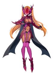 1girl absurdres armor assault_visor bodysuit breasts cape corruption cosplay dark-skinned_female dark_persona dark_shine dark_skin diver_(765610768) fake_horns full_body gauntlets helmet highres horned_helmet horns large_breasts long_hair medium_breasts navel orange_hair purple_thighhighs shindou_hikari skin_tight solo soukou_senki_prism_reica soukou_senki_prism_shine thighhighs transparent_background twintails very_long_hair