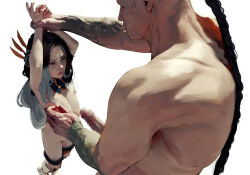 1boy 1girl ai arm_tattoo arms_up bound bound_wrists braid breasts brown_hair censored diathorn facial_scar feather_hair_ornament feathered_wings feathers flat_chest grey_hair hair_ornament highres holding_another&#039;s_arm large_penis loli long_hair looking_at_another mosaic_censoring multicolored_hair muscular muscular_male navel nipple_stimulation nipple_tweak nipples original penis realistic restrained scar scar_on_cheek scar_on_face simple_background single_braid size_difference skinny small_breasts tattoo wings