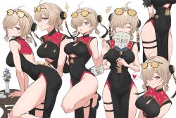 1girl absurdres ahoge back_cutout bare_arms bare_shoulders black_dress black_shoes blonde_hair breasts bun_cover china_dress chinese_clothes cleavage_cutout closed_eyes closed_mouth clothing_cutout commentary_request covered_navel covering_own_mouth double_bun dress eyewear_on_head from_side grin hair_bun hair_over_one_eye hand_fan highres holding holding_fan large_breasts leg_up medium_breasts medium_hair multiple_views no_panties pelvic_curtain profile purple_eyes red_dress shoes short_sleeves side_slit simple_background skindentation sleeveless sleeveless_dress smile standing standing_on_one_leg sunglasses sweety_(zenless_zone_zero) thigh_strap thighs tinkie tinted_eyewear twintails two-tone_dress underboob_cutout white_background yellow-tinted_eyewear zenless_zone_zero