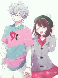 Rule 34 | 1boy, 1girl, :d, bede (pokemon), brown hair, cardigan, closed eyes, closed mouth, collared dress, collared shirt, commentary request, dress, eyelashes, gloria (pokemon), green hat, grey cardigan, hand up, hat, highres, holding hands, medium hair, nintendo, open mouth, pink dress, pokemon, pokemon swsh, shinogo no, shirt, short hair, shorts, smile, tam o&#039; shanter, undershirt, white background