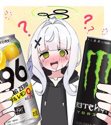 1girl ? absurdres black_hoodie blue_archive can cross_hair_ornament energy_drink green_eyes green_halo grey_hair hair_ornament halo hare_(blue_archive) highres holding holding_can hood hoodie long_hair long_sleeves looking_at_viewer mcr_roggle monster_energy open_mouth ponytail solo strong_zero