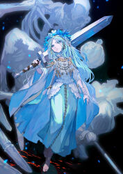 1girl barefoot black_background blue_eyes blue_hair blue_skirt braid closed_mouth doll_joints elden_ring elden_ring_nightreign facing_viewer full_body head_wreath highres holding holding_sword holding_weapon jewelry joints lack looking_at_viewer low_twin_braids revenant_(elden_ring) shirt signature skeleton skirt solo spirit sword twin_braids veil weapon white_shirt white_veil