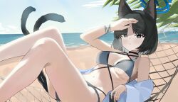 absurdres animal_ears bikini black_eyes black_tail blue_archive blue_bikini blue_halo cat_ears cat_girl cat_tail criss-cross_straps evening_rabbit halo highres kikyou_(blue_archive) kikyou_(swimsuit)_(blue_archive) layered_bikini multi-strapped_bikini_bottom multiple_tails official_alternate_costume swimsuit tail two_tails