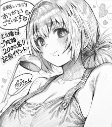 Rule 34 | absurdres, apron, blush, breasts, cleavage, closed mouth, collarbone, ear blush, gibagiba, greyscale, hair ornament, hair scrunchie, heart, highres, holding, holding ladle, ladle, long hair, mole, mole under mouth, monochrome, original, sayama saho (gibagiba), scrunchie, speech bubble, translation request, upper body