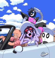 1girl 1other 2boys android animal_ears animal_hands arthropod_girl black_hair burgerpants car cat_boy cat_ears cat_paws cloud cloudy_sky colored_skin commentary convertible dress driving extra_arms fangs ghost grin half-closed_eyes hat highres insect_girl looking_at_viewer mettaton mettaton_ex monster monster_boy monster_girl motor_vehicle muffet multiple_boys napstablook nasu_(ilo_a5) ocean open_mouth outdoors pink_shirt purple_skin shirt sky smile spider_girl sun_hat sunglasses top_hat undertale white_dress white_hat