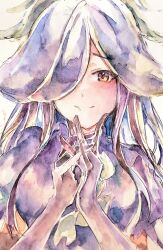 1girl absurdres black_gloves black_hair blush closed_mouth dress elbow_gloves gloves headdress highres kamu_kotan long_hair looking_at_viewer one_eye_covered own_hands_together painting_(medium) purple_dress short_sleeves smile solo touhou traditional_media watercolor_(medium) yellow_eyes yomotsu_hisami