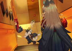3girls absurdres animal_ears black_shoes black_thighhighs cat_ears cat_girl cat_tail commentary_request drill_hair facing_away fallen_down ghost grey_hair hair_ornament hallway highres indoors long_hair long_sleeves looking_at_another lying meme mosou_cat_girl_(mosou_keito) mosou_keito multiple_girls multiple_tails on_side open_mouth original parted_hair peeking_out picture_frame pointy_ears railing red_hair school school_uniform shirt shoes shorts slice_of_life standing suspender_shorts suspenders tail thighhighs tile_floor tiles very_long_hair white_shirt x_hair_ornament yamcha_pose_(meme) yellow_eyes