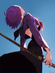 1girl black_skirt breasts crop_top facing_viewer feet_out_of_frame from_below hair_over_eyes high-waist_skirt highres holding holding_sword holding_weapon katana leaning_back long_sleeves mara_(raneblu) medium_breasts neckerchief original parted_lips purple_eyes purple_shirt raneblu red_neckerchief school_uniform shirt skirt smile solo sword twitter_username underboob weapon