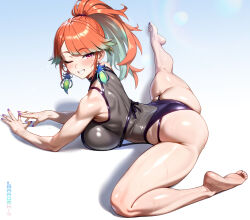 1girl absurdres aqua_hair ass barefoot breasts commentary curvy earrings english_commentary feather_earrings feathers flexible full_body gradient_hair grin high_ponytail highres hololive hololive_english jewelry large_breasts looking_at_viewer lying maro2ki3 multicolored_hair official_alternate_costume official_alternate_hairstyle on_stomach one_eye_closed orange_hair perfume_(takanashi_kiara) ponytail purple_eyes purple_nails smile streaked_hair takanashi_kiara thighs toes virtual_youtuber wet