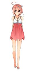 Rule 34 | 1girl, ahoge, alternate costume, arms behind back, bare legs, bare shoulders, blue eyes, blush, breasts, casual, cleavage, closed mouth, collarbone, dress, female focus, flip-flops, full body, hair ornament, heart, heart lock (kantai collection), heart necklace, highres, i-58 (kancolle), jewelry, kantai collection, legs apart, looking at viewer, multicolored eyes, myuto (advent retribution), necklace, orange hair, pink eyes, ribbon, sandals, short hair, simple background, sleeveless, sleeveless dress, small breasts, smile, solo, standing, white background, white ribbon