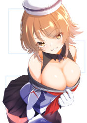 Rule 34 | 1girl, ayuman, black sailor collar, black skirt, black thighhighs, breasts, brown eyes, brown hair, dixie cup hat, elbow gloves, flipped hair, gloves, hat, highres, kantai collection, large breasts, looking at viewer, military hat, miniskirt, neckerchief, off-shoulder shirt, off shoulder, pleated skirt, red neckerchief, richard p. leary (kancolle), sailor collar, shirt, short hair, skirt, smile, solo, thighhighs, white gloves, white hat