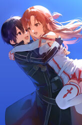1boy 1girl absurdres asuna_(sao) black_coat black_eyes black_gloves black_hair blue_background coat commentary_request detached_sleeves dress emduck fingerless_gloves gloves hetero highres hug kirito knights_of_blood_uniform_(sao) long_hair looking_at_another open_mouth orange_eyes orange_hair short_hair smile sword_art_online thighhighs white_dress white_sleeves white_thighhighs