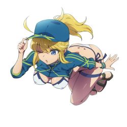 Rule 34 | 1girl, ;o, ahoge, artoria pendragon (fate), ass, baseball cap, bikini, blonde hair, blue eyes, blue hat, blue jacket, breasts, covered erect nipples, cropped jacket, crossed ankles, dimples of venus, fate/grand order, fate (series), female focus, floating, hair between eyes, hair through headwear, hairu, hat, jacket, large breasts, long hair, mysterious heroine x (fate), mysterious heroine xx (fate), one eye closed, ponytail, sandals, shrug (clothing), side-tie bikini bottom, simple background, solo, swimsuit, thigh strap, white background, white bikini, wristband, zipper pull tab