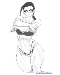 1girl :&gt; abs absurdres antenna_hair arm_support bare_legs bare_shoulders biceps breasts cleavage clothes_lift curvy highleg highleg_panties highres jago_dibuja large_breasts lips long_hair looking_at_viewer mila_(living_with_hipstergirl_and_gamergirl) monochrome muscular muscular_female navel open_mouth original panties ponytail shirt shirt_lift solo thighs thong underwear undressing white_background wide_hips