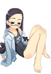 :3 bare_legs barefoot black_eyes black_hair black_one-piece_swimsuit forehead highres hood hoodie long_hair looking_at_viewer name_tag off_shoulder one-piece_swimsuit original school_swimsuit semi-rimless_eyewear sitting swimsuit veloexotica white_hoodie