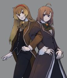 2girls ahoge black_pants black_vest blue_eyes bow bowtie brown_coat brown_eyes brown_hair center_frills closed_mouth coat cowboy_shot frilled_sleeves frills gloves green_bow green_bowtie grey_background hair_ornament hairband hairclip highres hod_(project_moon) lapels library_of_ruina long_hair long_sleeves malkuth_(project_moon) medium_hair multiple_girls pants project_moon red_hairband shirt simple_background sweat vest white_shirt white_trim yatsumeunagi yellow_gloves