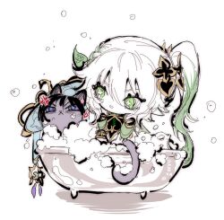 1girl anger_vein animalization armlet artist_name bathing bathtub blue_hat bracelet bright_pupils bubble colored_tips cross-shaped_pupils detached_sleeves dxxx49 eyelashes genshin_impact gold green_eyes green_hair green_sleeves grey_cat hair_between_eyes hair_ornament half_crown_braid hat jewelry jingasa leaf leaf_hair_ornament multicolored_hair nahida_(genshin_impact) open_mouth person_and_animalization pointy_ears scaramouche_(cat)_(genshin_impact) scaramouche_(genshin_impact) streaked_hair symbol-shaped_pupils white_background white_hair white_pupils