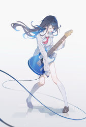 1girl audio_cable black_hair blue_hair breasts brown_shoes cable_knit cardigan closed_eyes collarbone colored_inner_hair colorful_festival_(project_sekai) diagonal-striped_clothes diagonal-striped_necktie earrings electric_guitar fender_telecaster floating_hair full_body guitar highres holding holding_plectrum hoshino_ichika_(project_sekai) instrument jewelry juya067 kneehighs long_hair long_sleeves medium_breasts miniskirt multicolored_hair music necktie official_alternate_costume open_cardigan open_clothes open_mouth piano_print plaid_clothes plaid_skirt playing_guitar playing_instrument plectrum project_sekai red_necktie shadow shirt shoes simple_background singing skirt sleeves_past_wrists socks solo standing striped_clothes tie_clip tile_floor tiles twitter_username white_cardigan white_shirt white_skirt white_socks