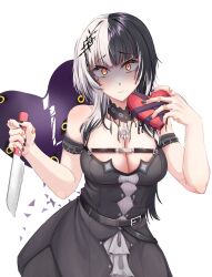 1girl absurdres arm_strap bandaid bandaid_on_hand black_choker black_dress black_hair black_nails box breasts broken_heart choker cleavage closed_mouth dress heart heart-shaped_box highres holding holding_knife hololive hololive_english knife large_breasts long_hair looking_at_viewer makeup medium_breasts mmneko multicolored_hair runny_makeup shaded_face shiori_novella shiori_novella_(1st_costume) solo split-color_hair teeth transparent_background two-tone_hair upper_teeth_only virtual_youtuber white_hair yellow_eyes