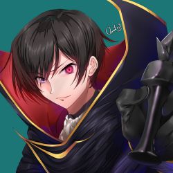 1boy absurdres aqua_background black_hair chess_piece code_geass eyes_visible_through_hair geass hair_over_one_eye heterochromia highres holding king_(chess) lelouch_vi_britannia male_focus maou_(demonlord) purple_eyes red_eyes simple_background solo white_neckwear